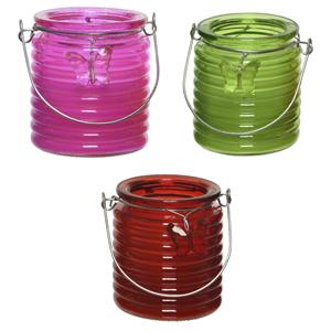 Decoris Set van 3x stuks citronella anti muggen kaarsen windlicht roze, groen en rood 20 branduren