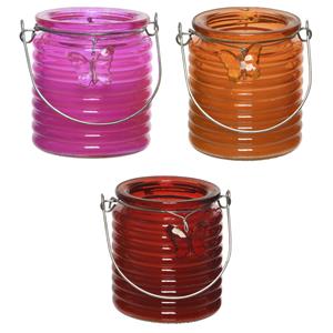 Decoris Set van 3x stuks citronella anti muggen kaarsen windlicht roze, oranje en rood 20 branduren