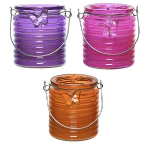 Decoris Set van 3x stuks citronella anti muggen kaarsen windlicht paars, roze en oranje 20 branduren