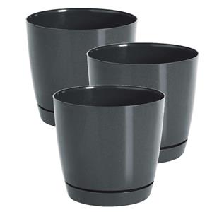 Prosperplast Set van 3x stuks plantenpotten/bloempotten kunststof rond glanzend antraciet grijs dia 18 x hoogte 16.5 cm voor binnen/buiten