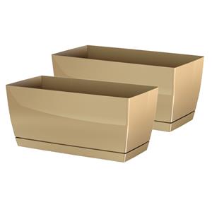 Prosperplast Set van 2x stuks plantenpotten/bloempotten kunststof glanzend mat goud 29 x 14 x 13.6 cm voor binnen/buiten