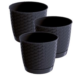 Prosperplast 4x stuks ronde gevlochten plantenpotten/bloempotten kunststof dia 14.5 cm en hoogte 12.5 cm in het antraciet grijs