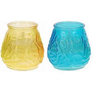 Trendoz Set van 2x windlichten geurkaarsen citronella - Anti muggen - Geel en blauw glas