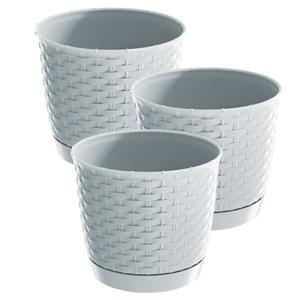 Prosperplast 3x stuks ronde gevlochten plantenpotten/bloempotten kunststof dia 19 cm en hoogte 16.5 cm in het parel wit