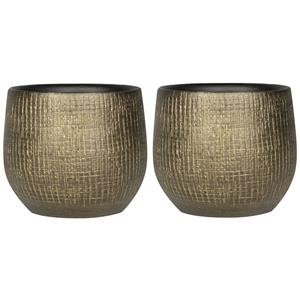 Steege Set van 2x stuks plantenpotten/bloempotten in een strakke Modern design look metaal goud Dia 15 cm en Hoogte 13 cm