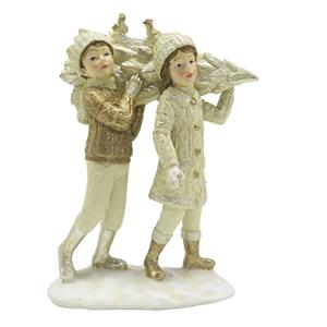 Clayre & Eef Beeld Kinderen 15 Cm Beige Goudkleurig Kunststof Woonaccessoires Beeld Decoratie Decoratieve Accessoires