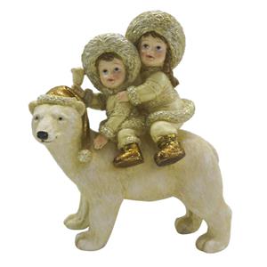 Clayre & Eef Beeld Kinderen 13*7*15 Cm Beige Goudkleurig Kunststof Kerstdecoratie Beeld Decoratie Decoratieve