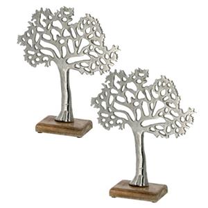 Cepewa 2x Stuks Decoratie Levensboom Van Aluminium Op Houten Voet 25 Cm Zilver - Beeldjes