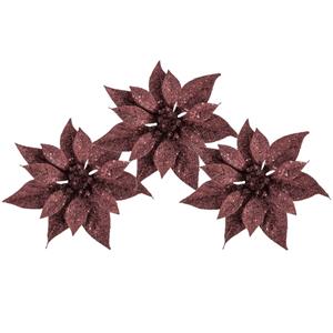 Cosy and Trendy 3x Stuks Decoratie Bloemen Kerstster Donkerrood Glitter Op Clip 18 Cm - Kunstbloemen