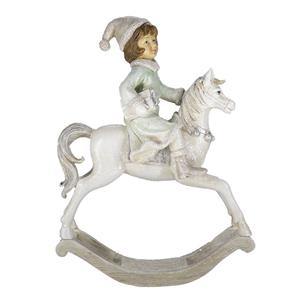 Clayre & Eef Beeld Hobbelpaard 26 Cm Beige Groen Kunststof Kerstdecoratie Beeld Decoratie Decoratieve Accessoires