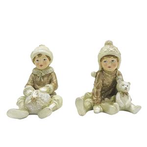 Clayre & Eef Beeld Set Van 2 Kinderen 9 Cm Beige Goudkleurig Kunststof Decoratief Figuur Decoratieve Accessoires