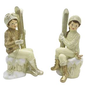 Clayre & Eef Beeld Set Van 2 Kinderen 18 Cm Beige Goudkleurig Kunststof Decoratief Figuur Decoratieve Accessoires