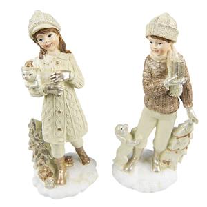 Clayre & Eef Beeld Set Van 2 Kinderen 22 Cm Beige Kunststof Decoratief Figuur Decoratieve Accessoires Kerstdecoratie