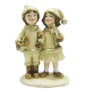 Clayre & Eef Beeld Kinderen 15 Cm Beige Goudkleurig Kunststof Kerstdecoratie Beeld Decoratie Decoratieve Accessoires