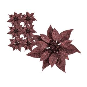 Cosy and Trendy 6x Stuks Decoratie Bloemen Kerstster Donkerrood Glitter Op Clip 18 Cm - Kunstbloemen