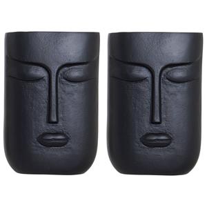 Items Set Van 2x Stuks Bloemenvaas Zwart Van Aluminium Met Gezicht 15 X 23 Cm - Vazen