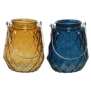 Decoris Set Van 2x Stuks Theelichthouders/waxinelichthouders Ruitjes Glas Cognac En Donkerblauw 11 X 13 Cm - Waxinelichtjeshoude