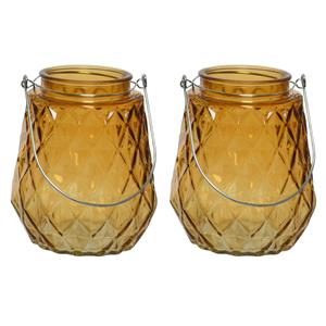 Decoris 2x Stuks Theelichthouders/waxinelichthouders Ruitjes Glas Cognac/oranje Met Metalen Handvat 11x13 Cm - Waxinelichtjeshou