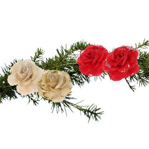 Set Van 4x Stuks Decoratie Bloemen Rozen Goud En Rood Op Clip 9cm - Kunstbloemen