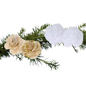 Set Van 4x Stuks Decoratie Bloemen Rozen Goud En Wit Op Clip 9cm - Kunstbloemen