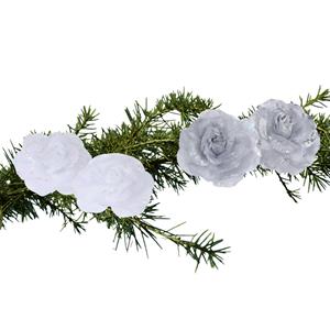 Set Van 4x Stuks Decoratie Bloemen Rozen Wit En Zilver Op Clip 9cm - Kunstbloemen