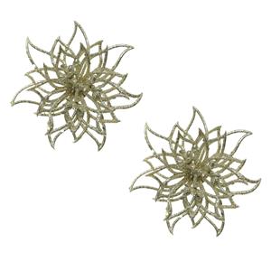 2x stuks decoratie bloemen kerstster champagne glitter op clip 14 cm -