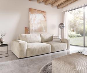 DELIFE Big-Sofa Lanzo XL 270x125 cm Cord Beige mit Hocker