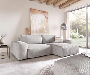 DELIFE Ecksofa Lanzo XL 280x175 cm Cord Silbergrau Recamiere variabel mit Hocker