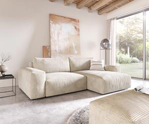 DELIFE Ecksofa Lanzo XL 280x175 cm Cord Beige Recamiere variabel mit Hocker