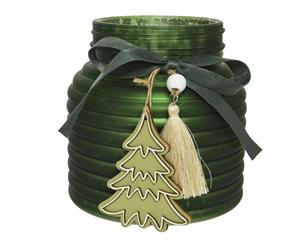 Decoris Waxinelichthouder Glas Ø11x11,5cm Groen Met Lint En Hanger everlands