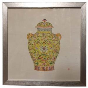 Fine Asianliving Chinees Schilderij met Lijst Chinees Porselein Vaas
