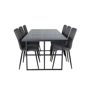 Hioshop Leif Eethoek Eetkamertafel Rokerig Glas En 6 Windu Lyx Eetkamerstal Grijs.