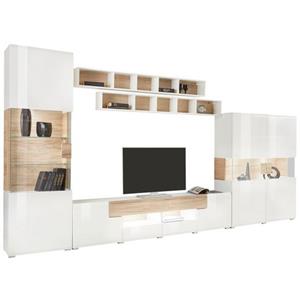 INOSIGN Wandmeubel Toledo, breedte 391cm stijlvolle mediawand zonder verlichting Opbouwwand (vitrine, lowboard, highboard, 2x hangplank) MDF hoogglans fronten (set, 5 stuks)