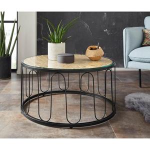 Home affaire Salontafel Sudbury van gevlochten waterhyacint, met een glazen blad, met een zwart metalen frame, diameter 80 cm