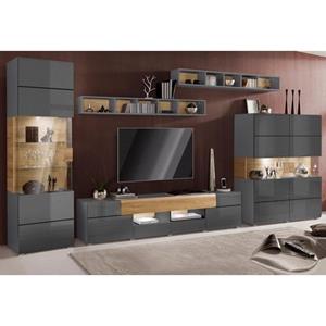 INOSIGN Wandmeubel Toledo, breedte 391cm stijlvolle mediawand zonder verlichting Opbouwwand (vitrine, lowboard, highboard, 2x hangplank) MDF hoogglans fronten (set, 5 stuks)