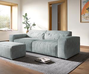 DELIFE Big-Sofa Sirpio XL 270x125 cm Cord Pastellblau mit Hocker