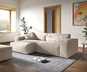 DELIFE Ecksofa Sirpio XL 270x175 cm Cord Beige Recamiere variabel mit Hocker