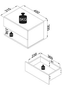 Hioshop UsalXL45 nachtkastje wandmontage 1 lade 1 plank wit.