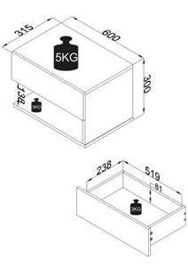 Hioshop UsalXL60 nachtkastje wandmontage 1 lade 1 plank wit.