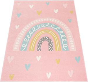 PACO HOME Kinderteppich Nino 887, rechteckig, 13 mm Höhe, Kurzflor, Spielteppich, Motiv Regenbogen & Herzen, Kinderzimmer