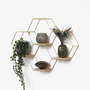 IVOL Vierdubbel zeshoekig metalen wandrek met 4 houten plankjes - 40,5x58 cm - Goud