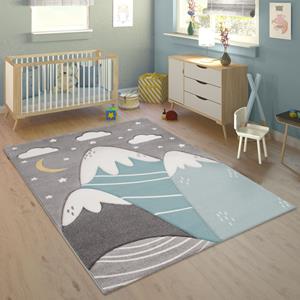 PACO HOME Kinderteppich Cosmo 707, rechteckig, 13 mm Höhe, 3D-Design, niedliches Motiv Berge & Sterne, Pastell-Farben, Kinderzimmer