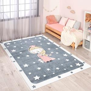 Carpet City Kinderteppich ANIME893, rechteckig, 11 mm Höhe, Kinderzimmer Teppich Modern mit Mond, Blumen, Wolken, Creme, Multi