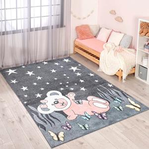 Carpet City Kinderteppich ANIME916, rechteckig, 11 mm Höhe, Kinderzimmer Teppich Modern mit Mond, Blumen, Wolken, Creme, Multi