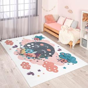 Carpet City Kinderteppich ANIME917, rechteckig, 11 mm Höhe, Kinderzimmer Teppich Modern mit Mond, Blumen, Wolken, Creme, Multi