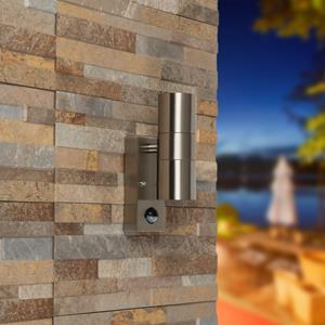 HOFTRONIC™ Jasmin wandlamp - RVS - Bewegingsmelder en schemerschakelaar - IP44 spatwaterdicht - Up & Downlight voor buiten - Exclusief twee GU10 spotjes
