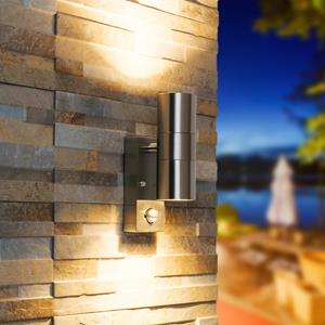 HOFTRONIC™ Jasmin wandlamp - RVS - 2700K Warm wit - Bewegingsmelder en schemerschakelaar - IP44 spatwaterdicht - Up & Downlight voor buiten