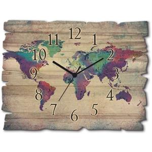 Artland Wandklok Houten klok veelkleurige wereldkaart in vele afmetingen & productsoorten - artprint van aluminium / artprint voor buiten, artprint op linnen, poster, muursticker / wandfolie ook gesch