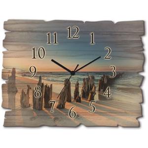 Artland Wandklok Houten klok zonsondergang strand golfbreker in vele afmetingen & productsoorten - artprint van aluminium / artprint voor buiten, artprint op linnen, poster, muursticker / wandfolie oo