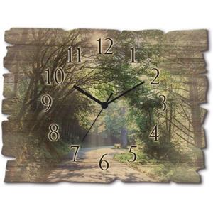 Artland Wandklok Houten klok zonnig bos in vele afmetingen & productsoorten - artprint van aluminium / artprint voor buiten, artprint op linnen, poster, muursticker / wandfolie ook geschikt voor de ba